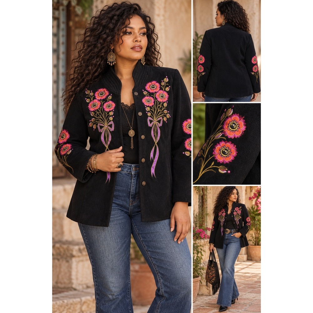 Vintage Bob Mackie Wearable Art Large Embroidered Floral Long Jacket Black